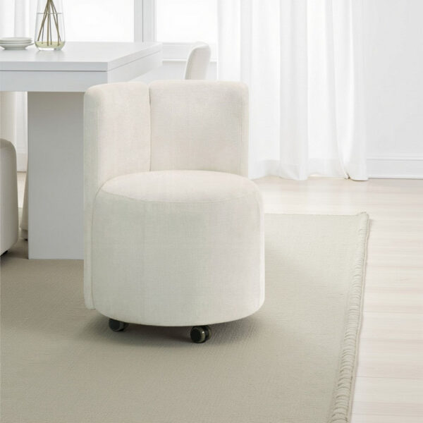 Yodo Dining Side Chair Set of 2, Rolling Caster Wheels, White Chenille