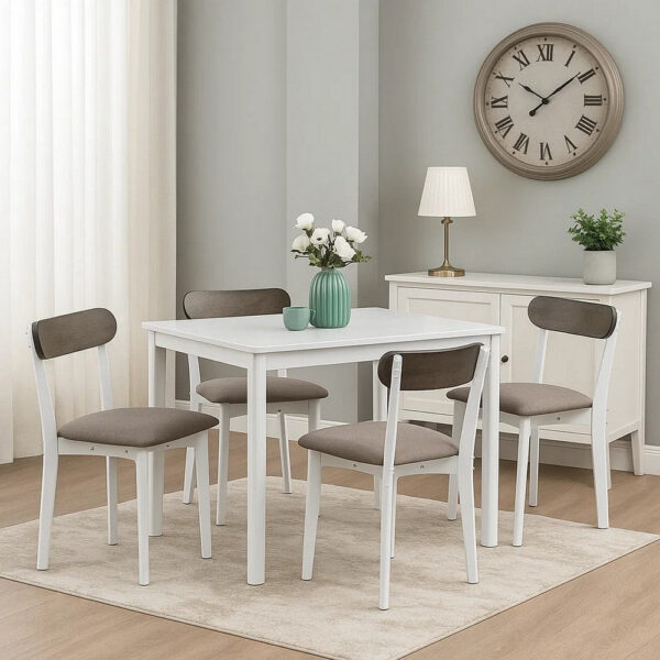 Ideli 5 Piece Dining Table Set with 4 Chairs, Brown Linen, White Wood