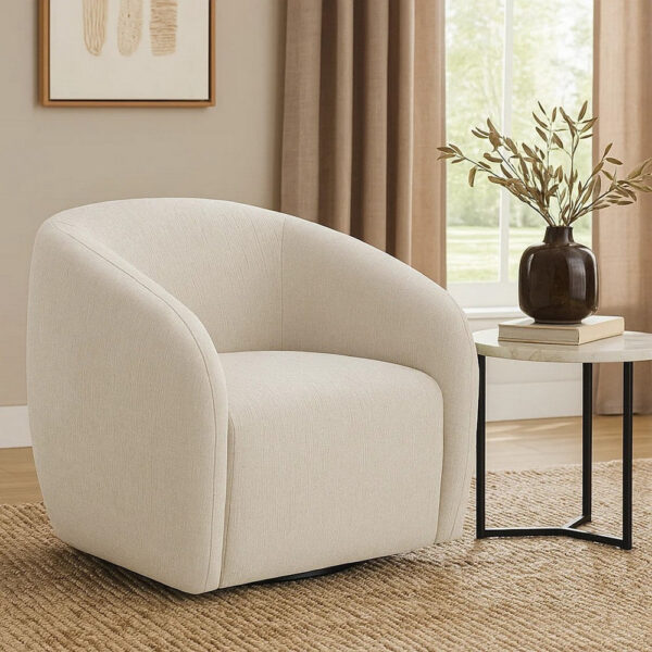 Tiena Swivel Accent Chair, Modern Style Rounded Back, Warm Beige Linen