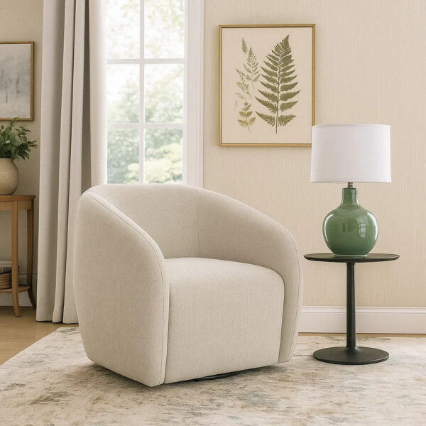 Tiena Swivel Accent Chair, Modern Style Rounded Back, Warm Beige Linen