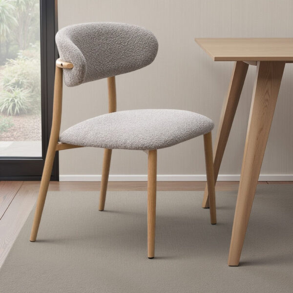 Kacie Side Dining Chair Set of 2, Gray Boucle, Natural Brown Wood