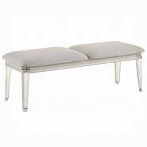 Veda Accent Bench, Light Gray Boucle, Pearl White Wood Finish, 54 Inch
