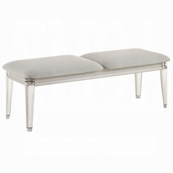 Veda Accent Bench, Light Gray Boucle, Pearl White Wood Finish, 54 Inch