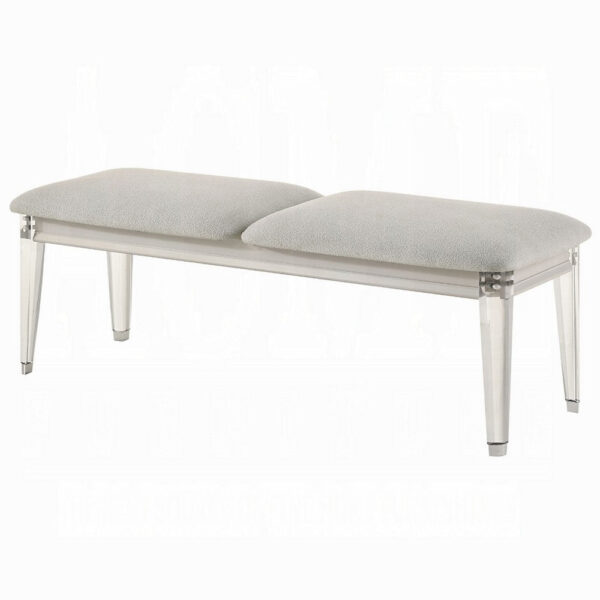 Veda Accent Bench, Light Gray Boucle, Pearl White Wood Finish, 54 Inch