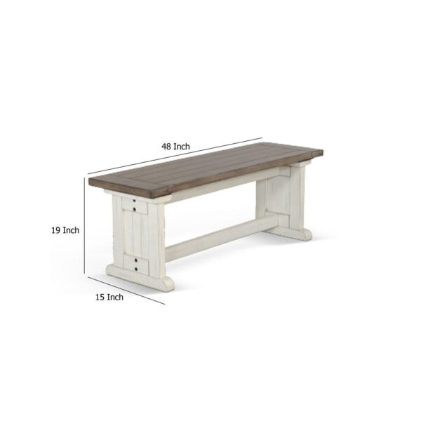 Dean Side Dining Bench, Plank Style Seat, Off White and Brown 48 Inch