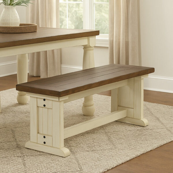 Dean Side Dining Bench, Plank Style Seat, Off White and Brown 48 Inch