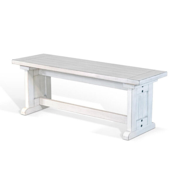 Sime Side Dining Bench, Plank Style, Off White Mahogany Wood 48 Inch
