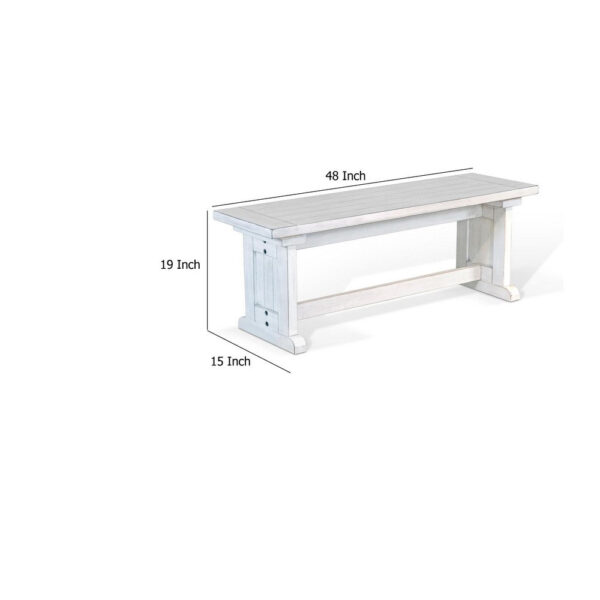 Sime Side Dining Bench, Plank Style, Off White Mahogany Wood 48 Inch