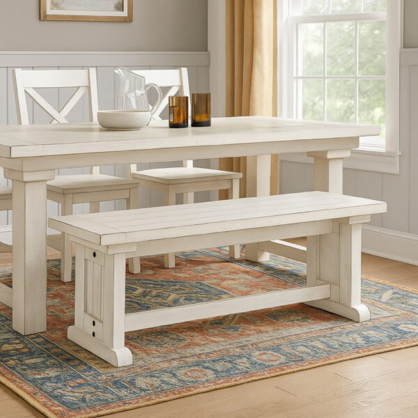 Sime Side Dining Bench, Plank Style, Off White Mahogany Wood 48 Inch