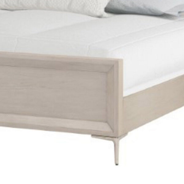 Kaira Queen Size Bed with Metal Accents, Natural Oak Solid Rubberwood