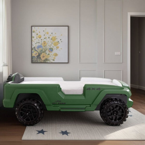 Randy SUV Twin Bed with Lights and Sound Effects, Green Faux Leather