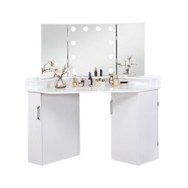 Laura Vanity Desk Set, 3 Panel Mirror, 10 Light Bulbs White Solid Wood