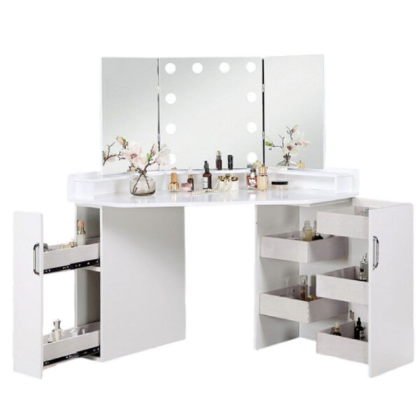 Laura Vanity Desk Set, 3 Panel Mirror, 10 Light Bulbs White Solid Wood
