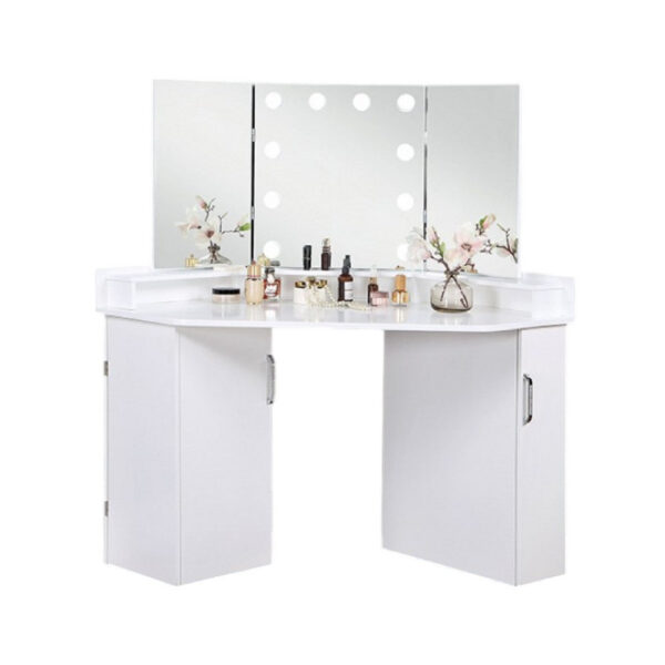 Laura Vanity Desk Set, 3 Panel Mirror, 10 Light Bulbs White Solid Wood