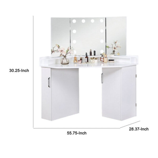 Laura Vanity Desk Set, 3 Panel Mirror, 10 Light Bulbs White Solid Wood