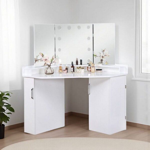 Laura Vanity Desk Set, 3 Panel Mirror, 10 Light Bulbs White Solid Wood