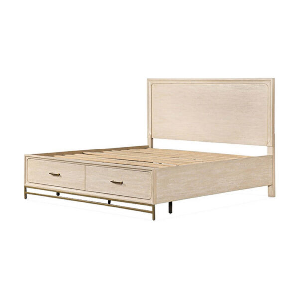 Rozie Queen Bed, Footboard Storage Drawers, Light Oak Brown Solid Wood