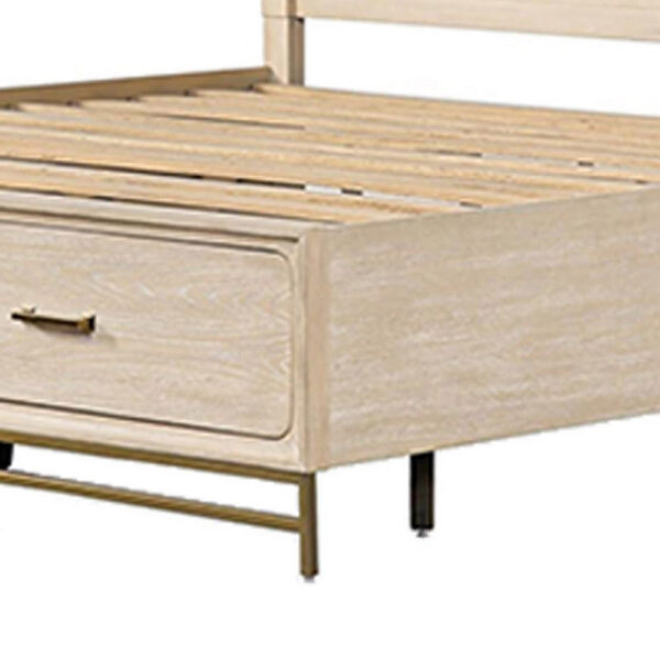 Rozie Queen Bed, Footboard Storage Drawers, Light Oak Brown Solid Wood