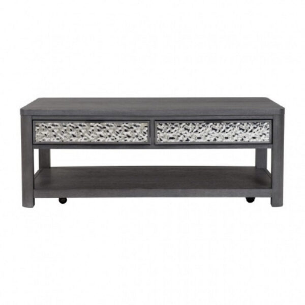 Zoko 48 Inch Coffee Table, Caster Wheels, Drawers, Ash Gray Rubberwood