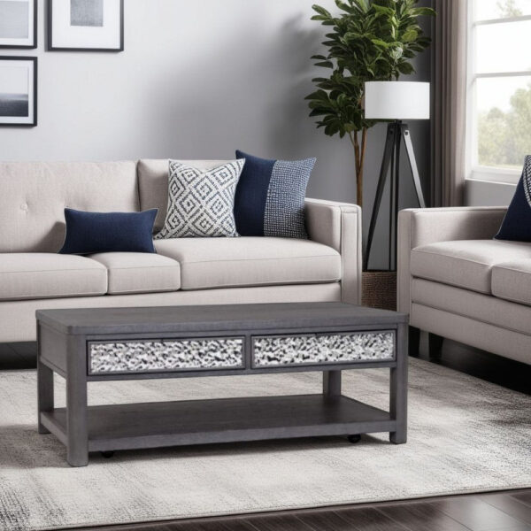 Zoko 48 Inch Coffee Table, Caster Wheels, Drawers, Ash Gray Rubberwood