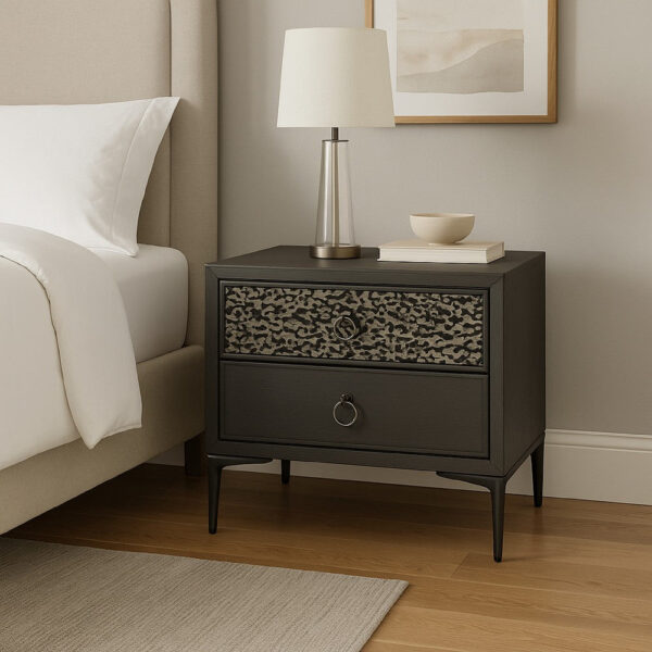 Kaira Nightstand, 2 USB Ports, Textured Metal Accents, Espresso Brown