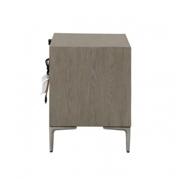 Kaira Nightstand with 2 USB Ports, Textured Metal, Natural Oak Brown