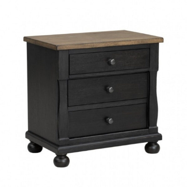 Ginie Nightstand with 2 USB Ports, 3 Drawers, Black Rustic Oak Brown