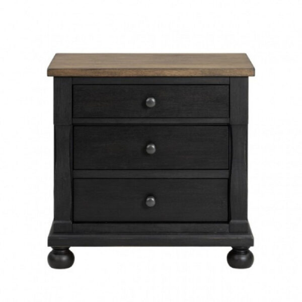 Ginie Nightstand with 2 USB Ports, 3 Drawers, Black Rustic Oak Brown