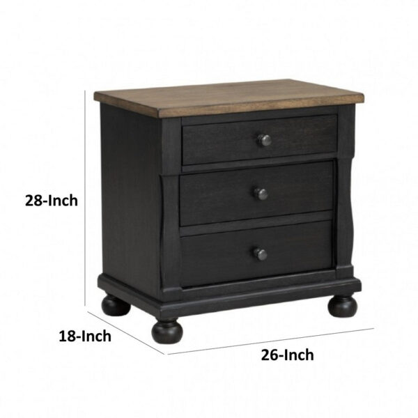Ginie Nightstand with 2 USB Ports, 3 Drawers, Black Rustic Oak Brown