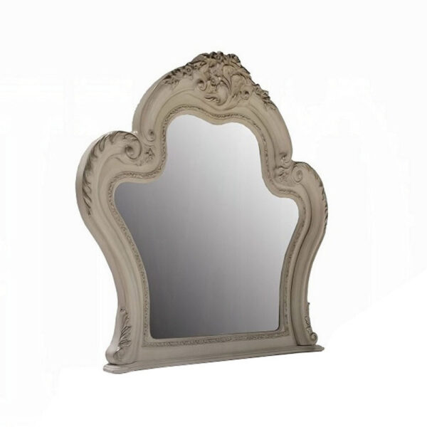 Ally Vanity Mirror, 46x46, Scrolled Carved Classic Details, White Wood