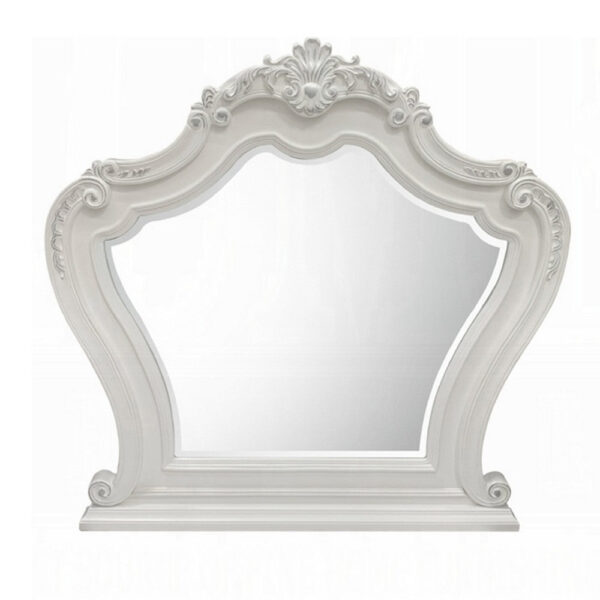 Maver Dresser Mirror, 46x48, Beveled Edges, White Ornate Carved Wood