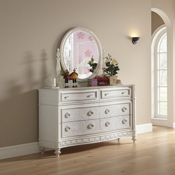 Dorie Vanity Dresser Mirror, 35x48, White Wood Floral, Beveled Edge