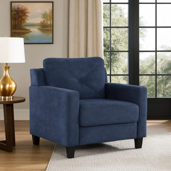 Royi Accent Chair, Track Armrest, Blue Fabric Seat w Tufted Backrest