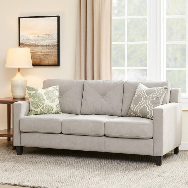 Royi Sofa, Track Armrest, 78 Inch, Gray Fabric Seat w Tufted Backrest