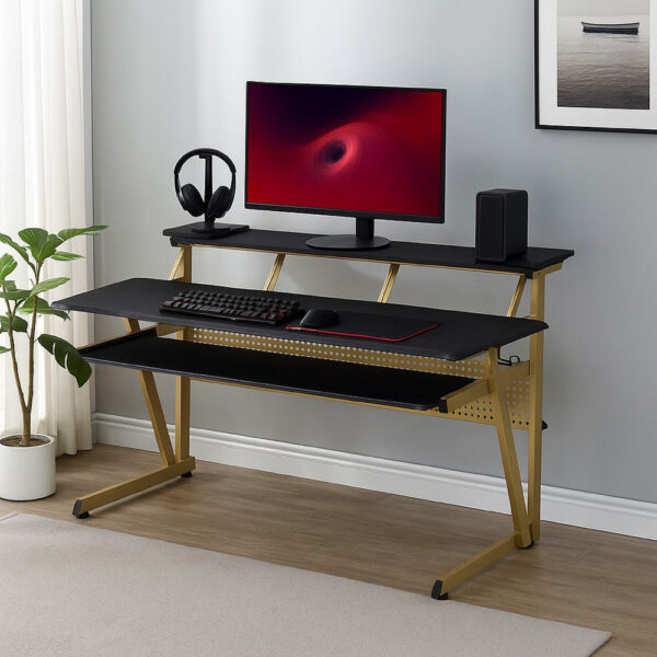 Vion 71 Inch Music Producer Desk for Computer, Black, 3 Tier Shelves