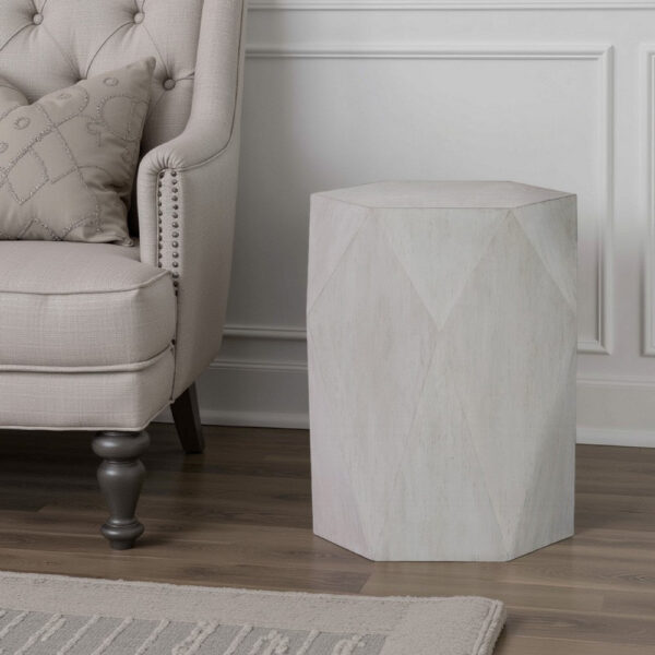 1502202669924426252f4.jpeg Hano Side End Table, White Rubberwood, 22 Inch, Geometric Design Body