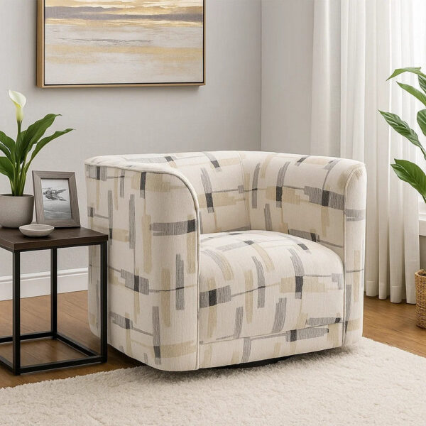Lenu Swivel Accent Sofa Chair, Beige Pattern Fabric, Boxy Padded Seat