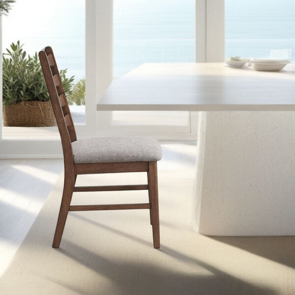 Mea Dining Side Chair Set of 2, Slatted Back, Gray Linen Seat, Brown