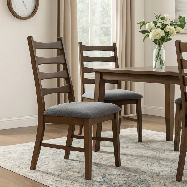 Mea Dining Side Chair Set of 2, Slatted, Dark Gray Linen Seat, Brown