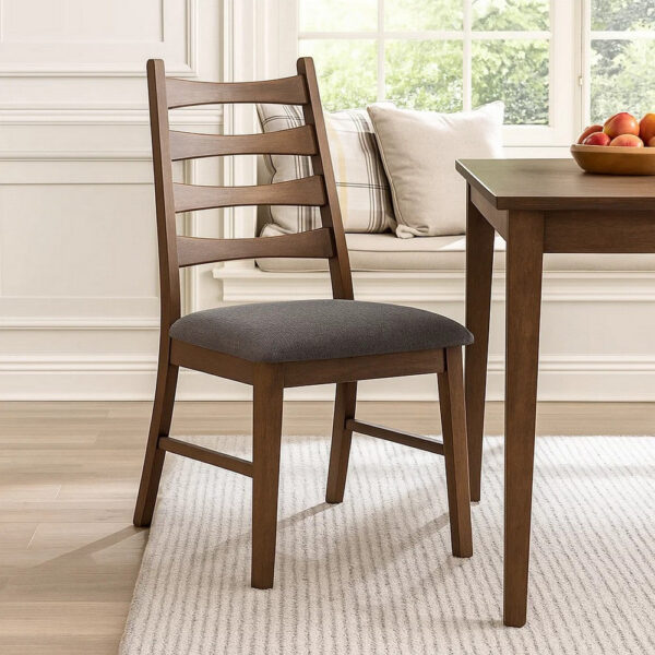 Mea Dining Side Chair Set of 2, Slatted, Dark Gray Linen Seat, Brown