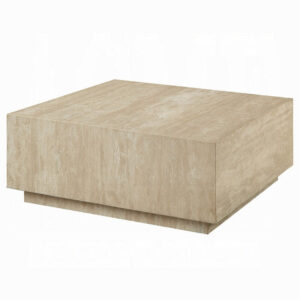 Lory Coffee Table, 35 Inch Square Travertine Top, Natural Wood Beige