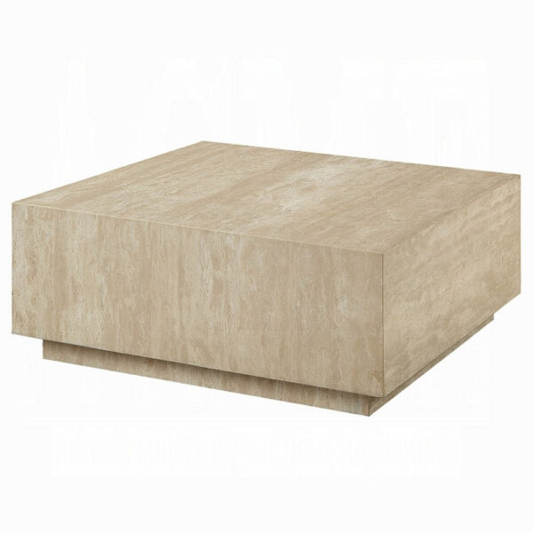 Lory Coffee Table, 35 Inch Square Travertine Top, Natural Wood Beige