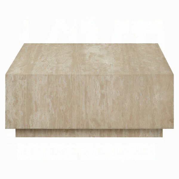 Lory Coffee Table, 35 Inch Square Travertine Top, Natural Wood Beige