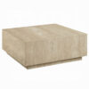 Lory Coffee Table, 35 Inch Square Travertine Top, Natural Wood Beige