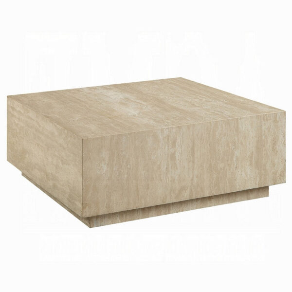 Lory Coffee Table, 35 Inch Square Travertine Top, Natural Wood Beige