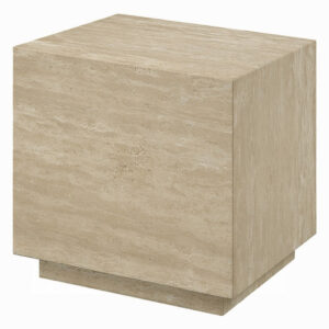 Lory Side End Table, 19 Inch Square Travertine Top, Natural Wood Beige