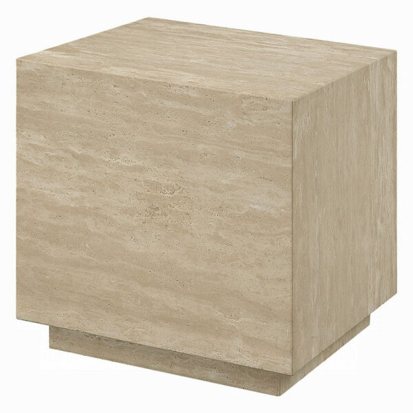 Lory Side End Table, 19 Inch Square Travertine Top, Natural Wood Beige