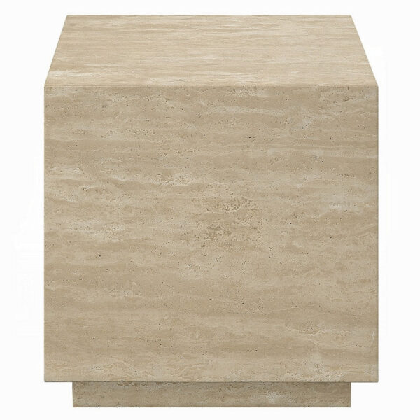 Lory Side End Table, 19 Inch Square Travertine Top, Natural Wood Beige