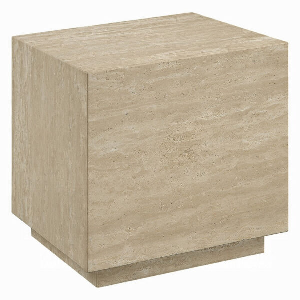 Lory Side End Table, 19 Inch Square Travertine Top, Natural Wood Beige