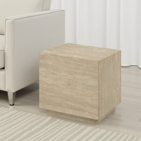 Lory Side End Table, 19 Inch Square Travertine Top, Natural Wood Beige